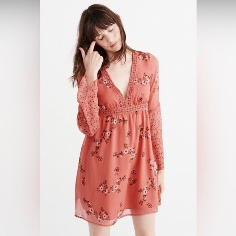 ❤️ 3/50 Abercrombie & Fitch Orange Pink Boho Bohemian Floral Bell Sleeve Dress M